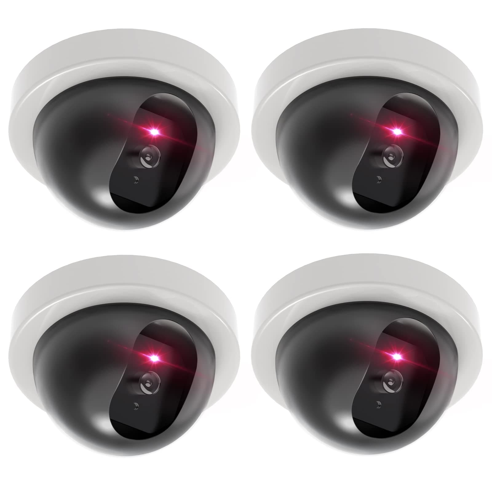 WALI Dummy Fake Security CCTV Dome Camera with Flashing Red LED Light with Security Alert Sticker Decals for Home Security, 4 Packs, White (SDW-4)