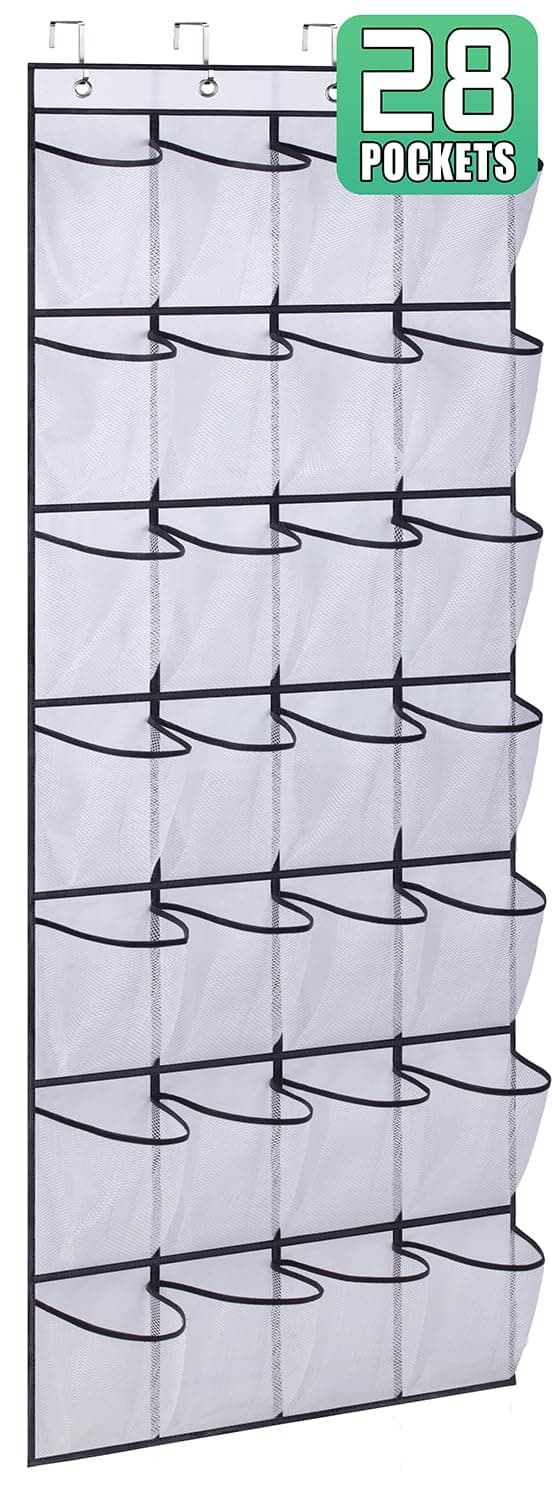 AOODA 28 Large Mesh Pockets Over The Door Shoe Rack, Hanging Shoe Organizer for Closet Hanging Sneaker Holder Hanger, White