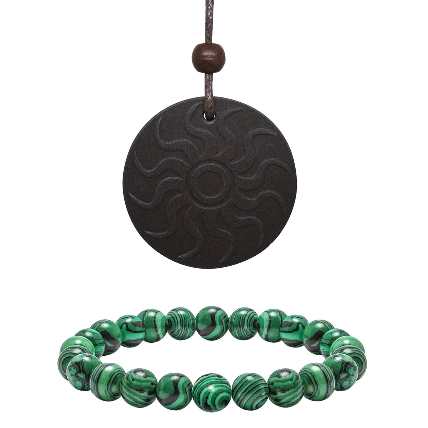Anti EMF Radiation Protection Pendant, Scalar Energy Pendant Volcanic Lava Negative Ions Energy Pendant Necklace Orgone Pendant and 10 mm Green Malachite Stone Beaded Yoga Bracelet