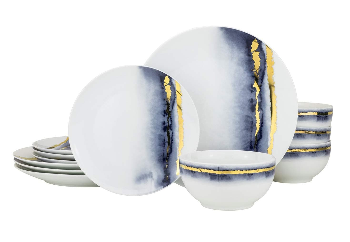 Euro Porcelain 16 piece Blue Marble Dining Set, Fine China Tableware w/ 24K Gold Plate Accent Service for 4