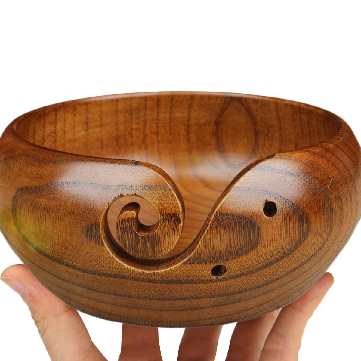 Wooden Yarn Bowl, Knitting Wool Storage Basket with Handmade Holes to Prevent Slipping, Craft Crochet Kit Organizer Knitting Yarn Holder for Knitting Lover Christmas Thanksgiving Day (Wood Bowl)