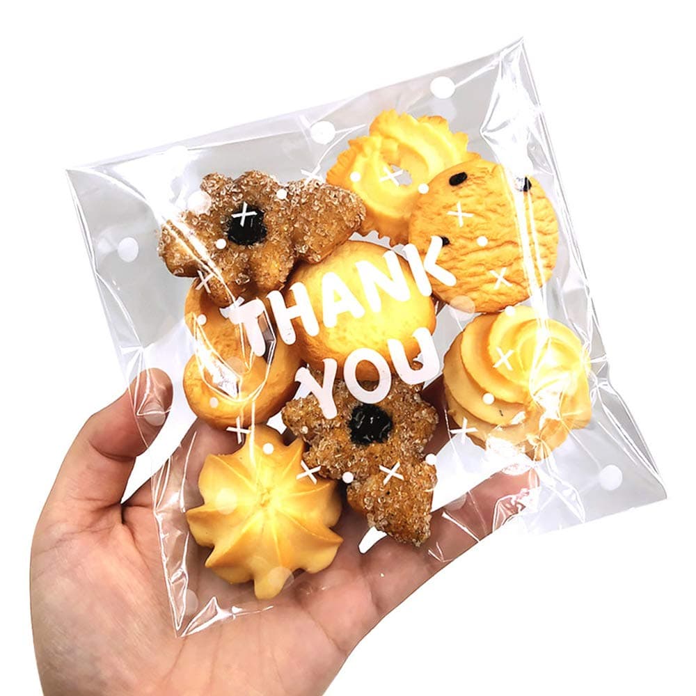 200pcs Clear Self-Adhesive Treat Bags – Cellophane Cookie & Candy Bags with “THANK YOU” Design for Bakery & Party Favors (5.5” x 5.5”)