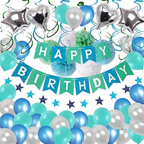 Happy Birthday Decorations, Blue Happy Birthday Banner Balloons Decorations, Green Hanging Swirls and Tissue Pom Pom Ball for Birthday Party Suppliers (Blue,Green,Silver)