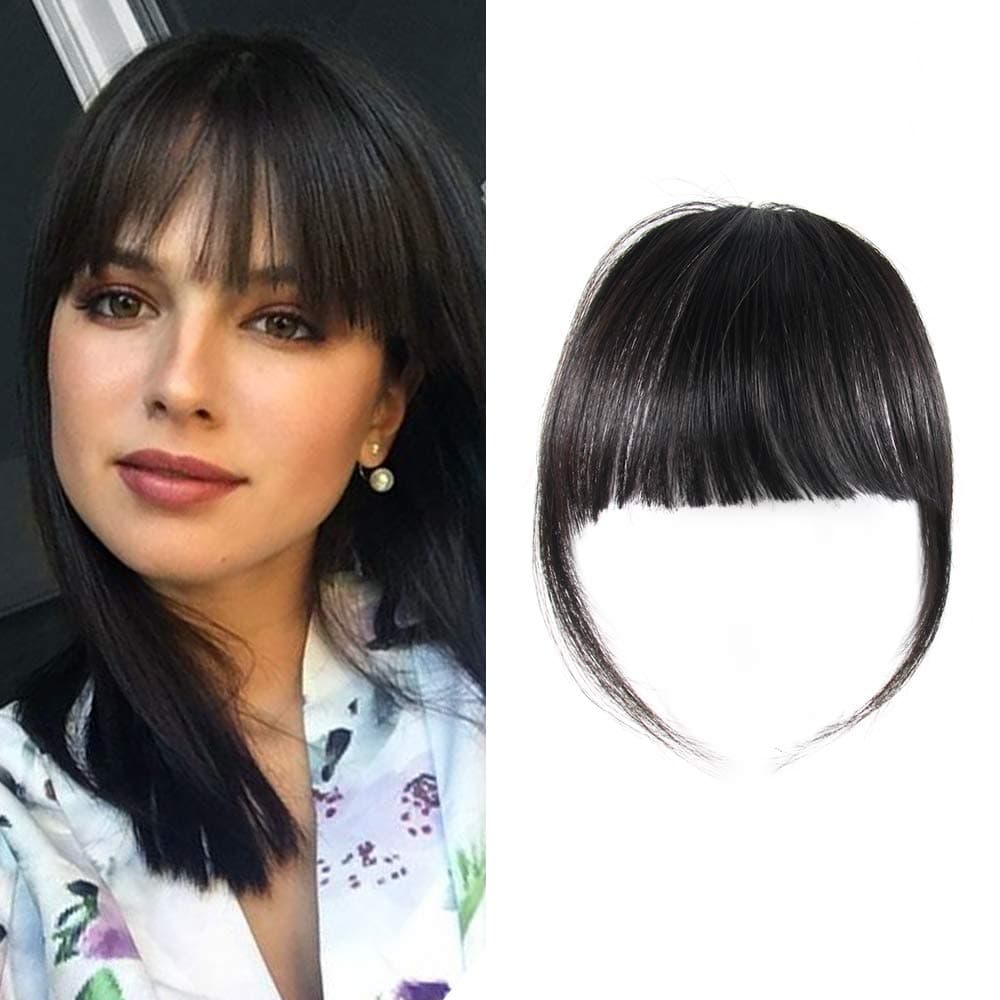 Shinon HAIQUAN Natural Real Human Hair Flat Bangs/Fringe Hand Tied Bangs Fashion Clip-in Hair Extension (Flat Bangs with Temples, Natural Black)