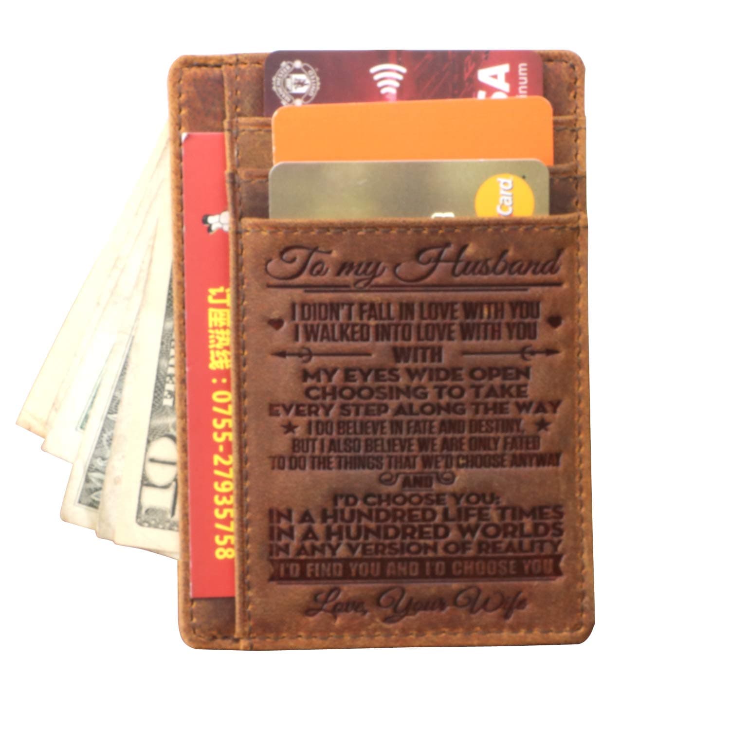 Card Holder Wallet for Husband, Engraved Front Pocket Minimalist Leather Slim Card Case RFID Blocking Card Clip Wallet for Men.