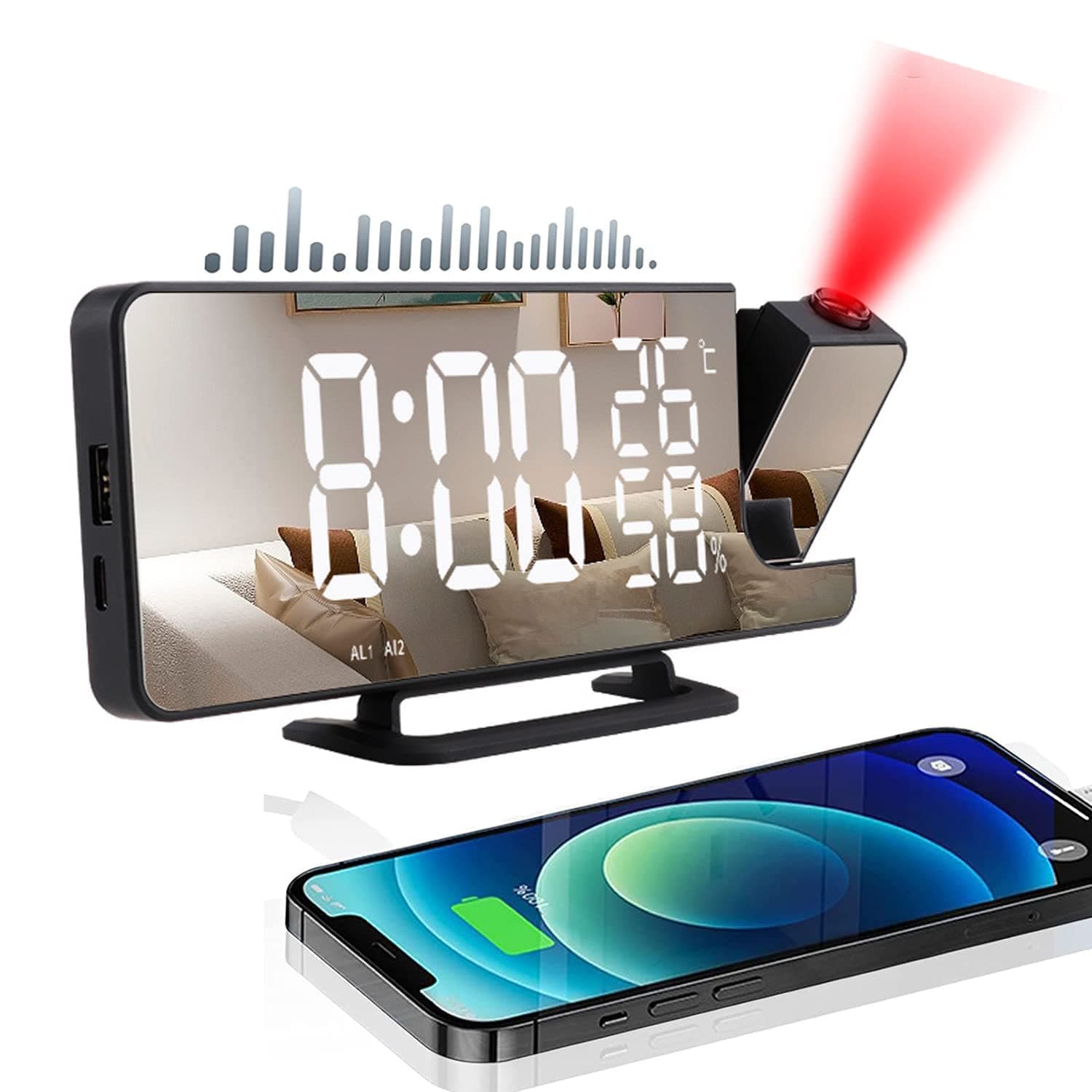 Aedcbaide Projection Alarm Clock,Digital Alarm Clock with FM Radio,Alarm Clock,Digital Clock with USB Charging Port,7 "LED Mirror Display, 6 Adjustable Brightness,Smart Alarm Clock for Bedrooms,Home