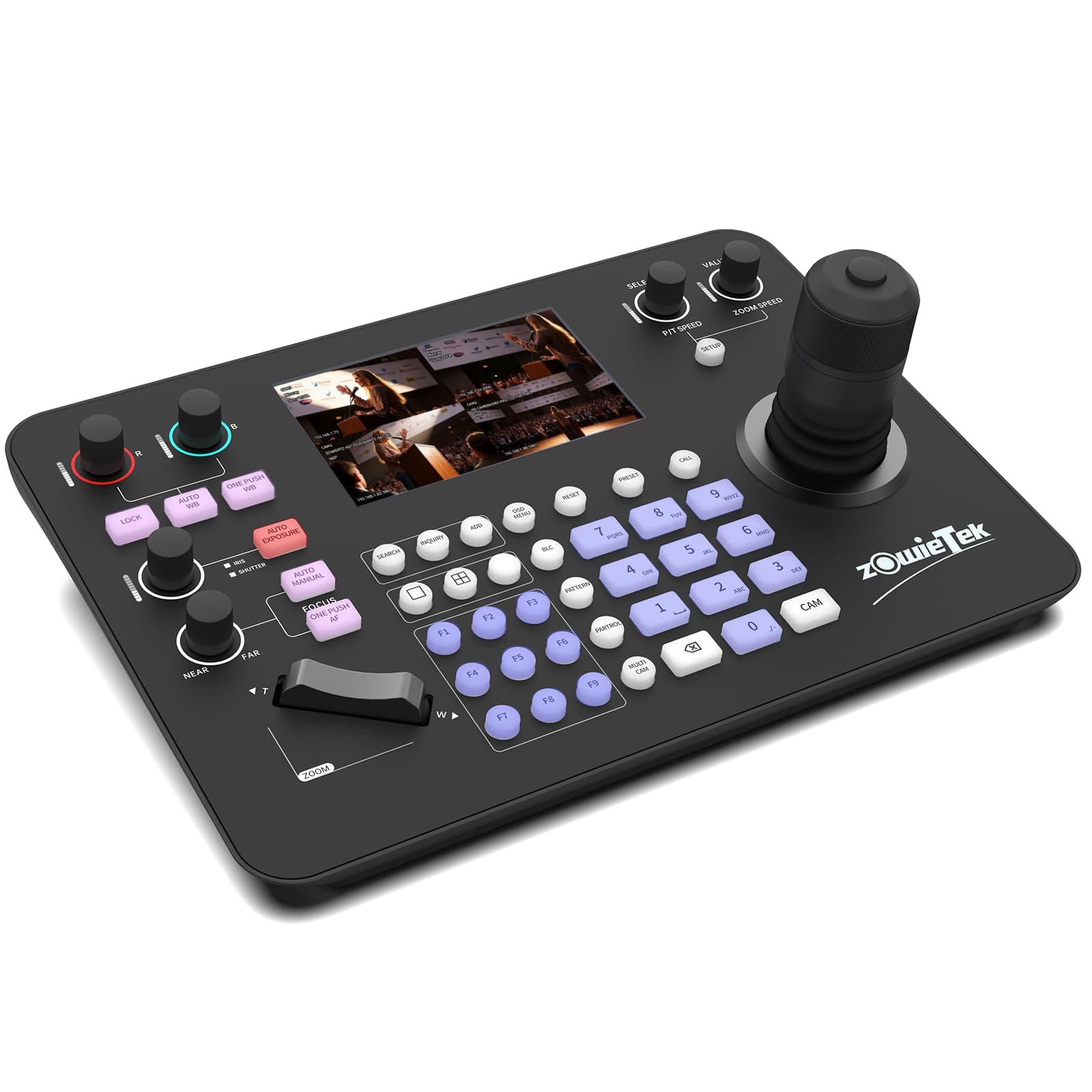 Zowietek PTZ Controller 7D Joystick Keyboard, ZowieKBD, 5'' LCD Quad-Screen Real-time Preview Display, Automatic Camera Detection, Group Control, HDMI Output, Tally, VISCA/PELCO/,NDI|HX3 upgradable