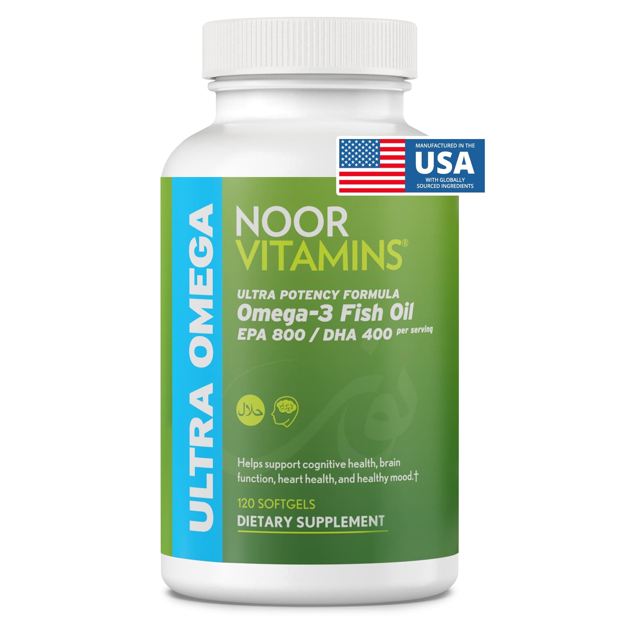 NoorVitamins Omega 3 Fish Oil Pills - ULTRA POTENCY FORMULA - 1200mg EPA/DHA Per Serving - 120 Softgels - Halal Vitamins