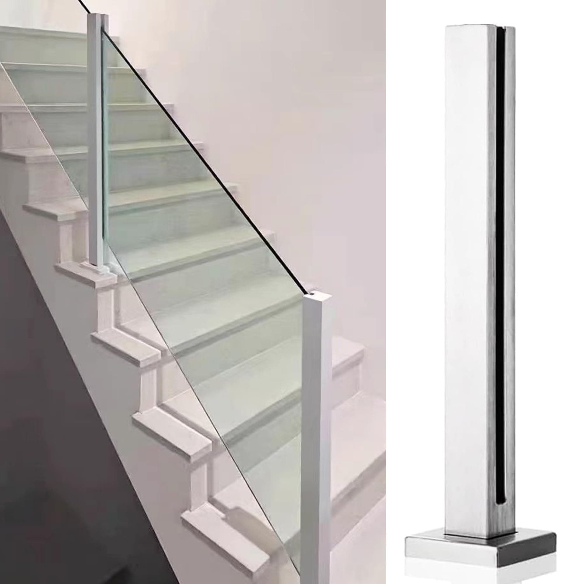 Stainless Steel 304 Glass Stair Railing Post System - 2 PCS End Posts with Rubbers, Suitable for 10-12mm Glass, 65cm Metal Balustrade (Silvery)