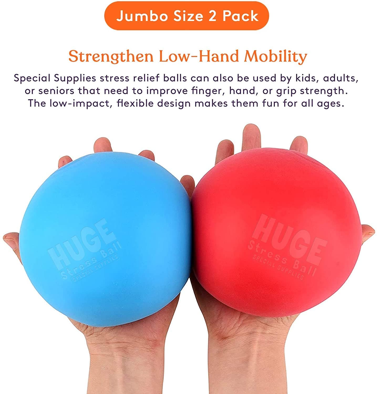 Special Supplies 2 Huge Giant Stress Balls for Kids Adults, Jumbo Size 2 Pack, Colorful and Squishy Sensory Toys with Soft, Squeezable Fill, Low Dexterity and Anxiety Therapy