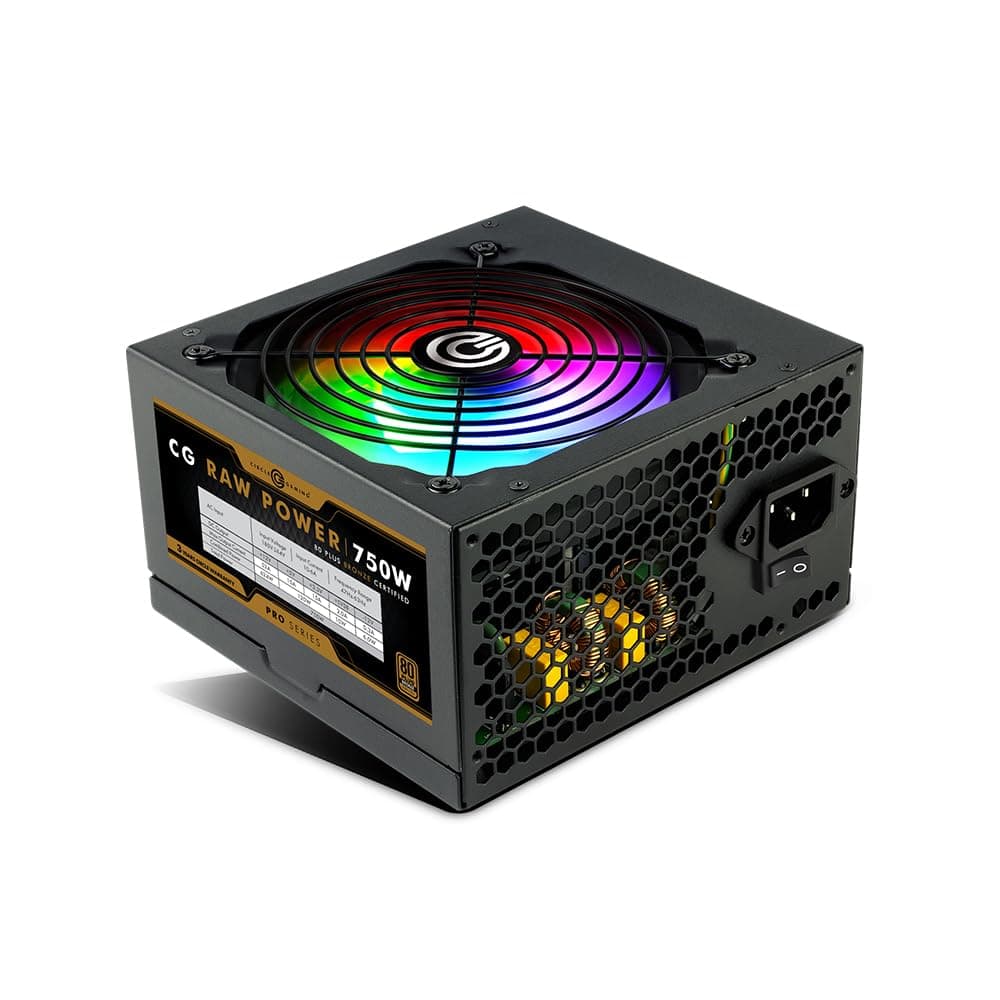 CIRCLE COMPLETE TECHNOLOGY CG RAW Power 750 WATTS Gaming Power Supply/PSU - Non-Modular | 80 Plus Bronze Certified | 120mm RBG Fan | with Active PFC, Flat Black Cables | 750 Watt -Black