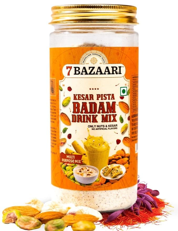 7 BAZAARI Holi Special Kesar Pista Badam Milk Mix Powder 225g | Premium Badam Powder with Kesar, Pista & Spices | Ideal for Kids & Adults | No Artificial Flavours (Pack of 1)