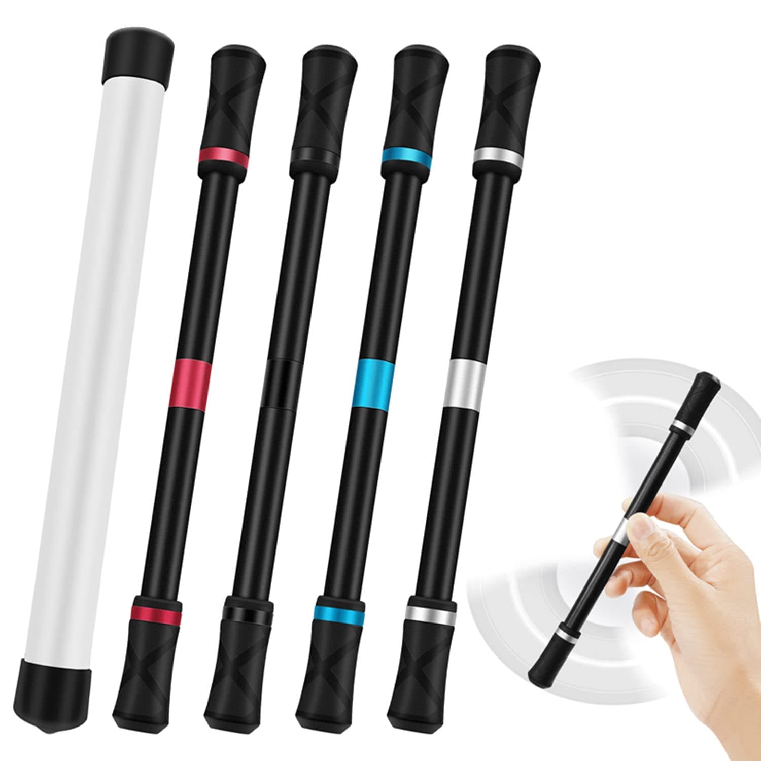 4 Pieces Pen Spinning Spinner Gaming Mod Pens Flying Finger Rotating For Kids Adults Office Supplies With Instruction Manual (Silver,Black, Red, Blue)