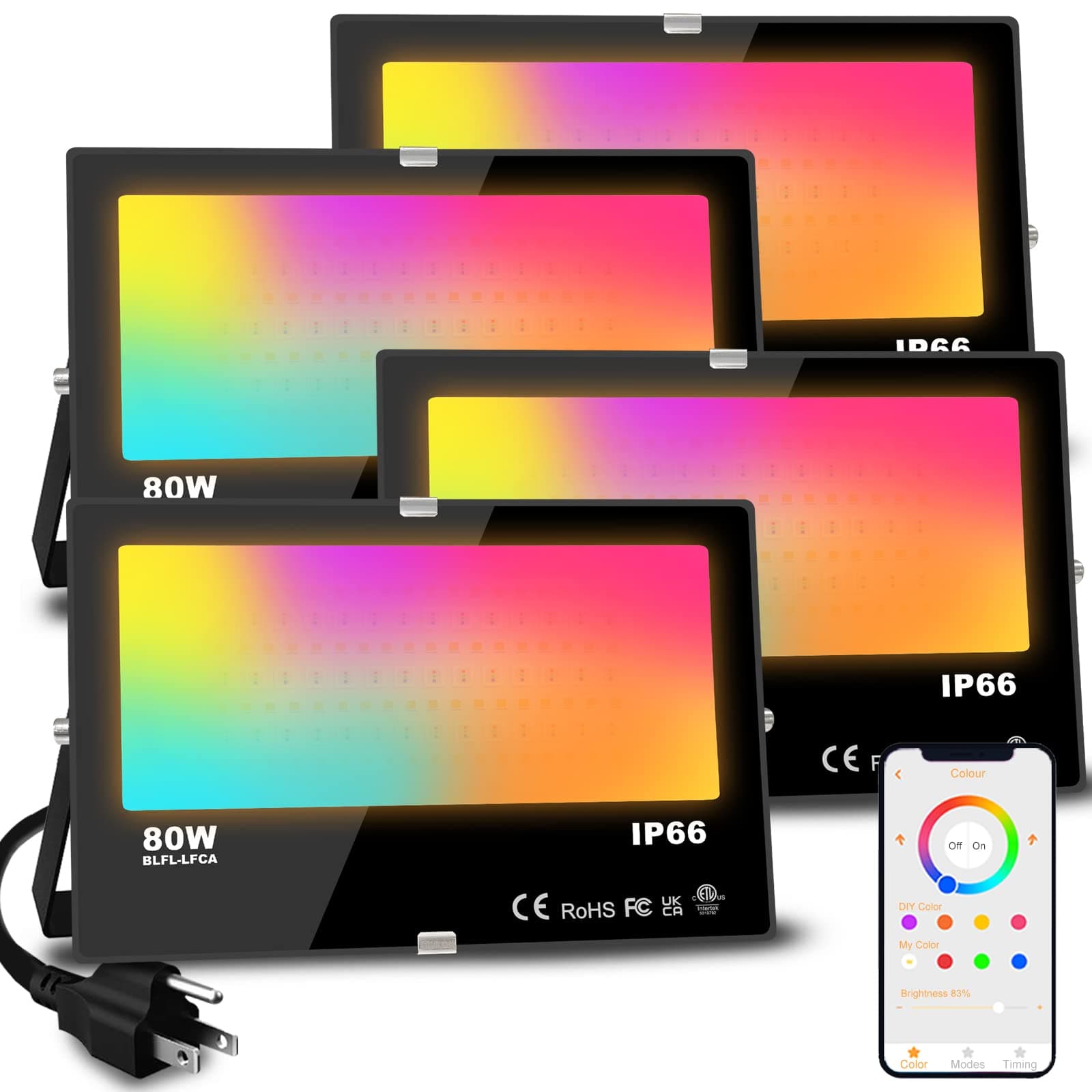 MELPO LED Flood Light Outdoor 800W Equivalent 8000LM Smart RGB Landscape Lighting with APP Control, DIY Scenes - Timing - Warm White 2700K - Color Changing Uplight, IP66 Waterproof US Plug (4Pack)