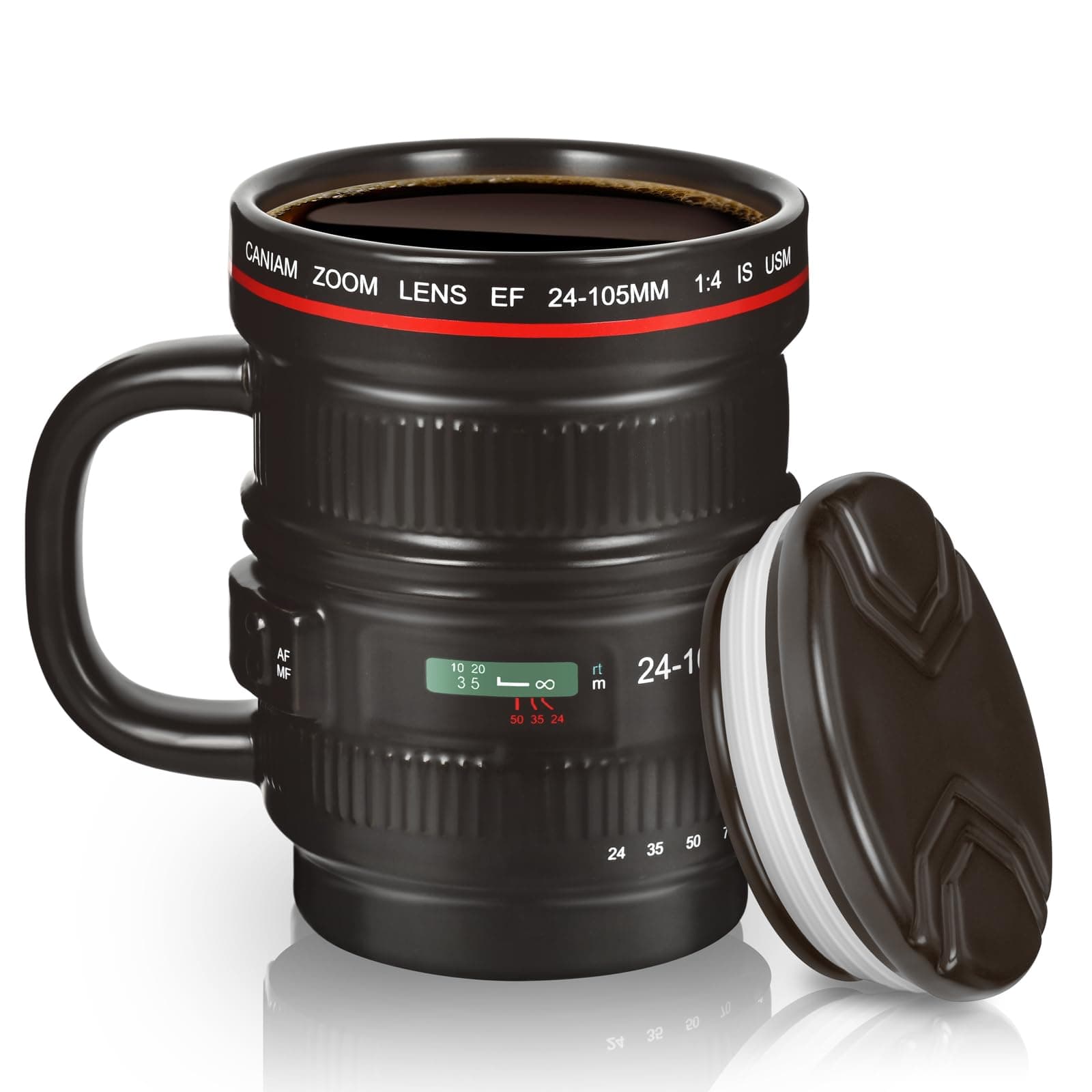 Cabtnca 16Oz Camera Lens Coffee Mug, Cool Photography Gifts for Photographers Christmas, Funny Ceramic Coffee Mug with Lid and Handle