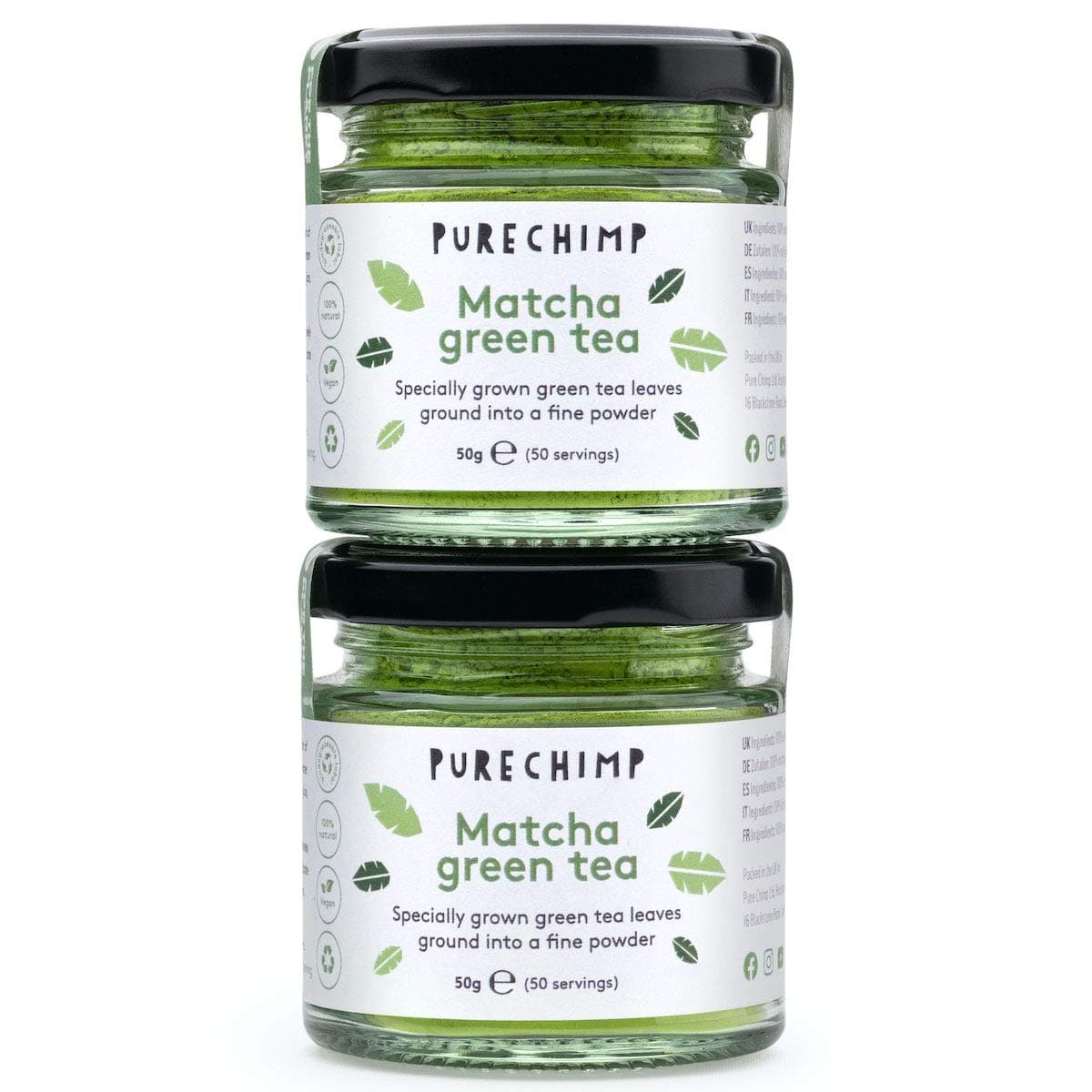 Matcha Tea Powder by PureChimp - Regular/Mint/Turmeric - 2 x 50g (1.75oz) Jars - Matcha Duos - Ceremonial Grade from Japan - All Natural & Vegan (2 x Regular)