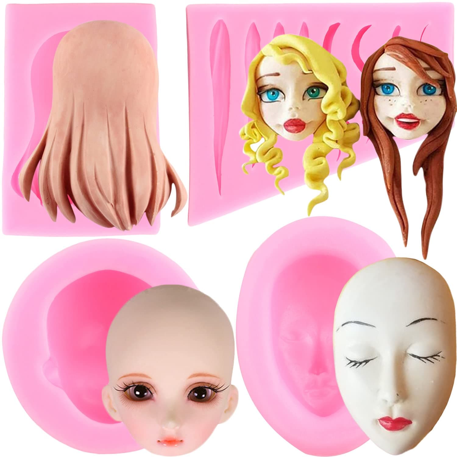 3D Human Face Silicone Molds Doll Hair Fondant Molds For Cake Decorating Chocolate Candy Clay Set Of 4
