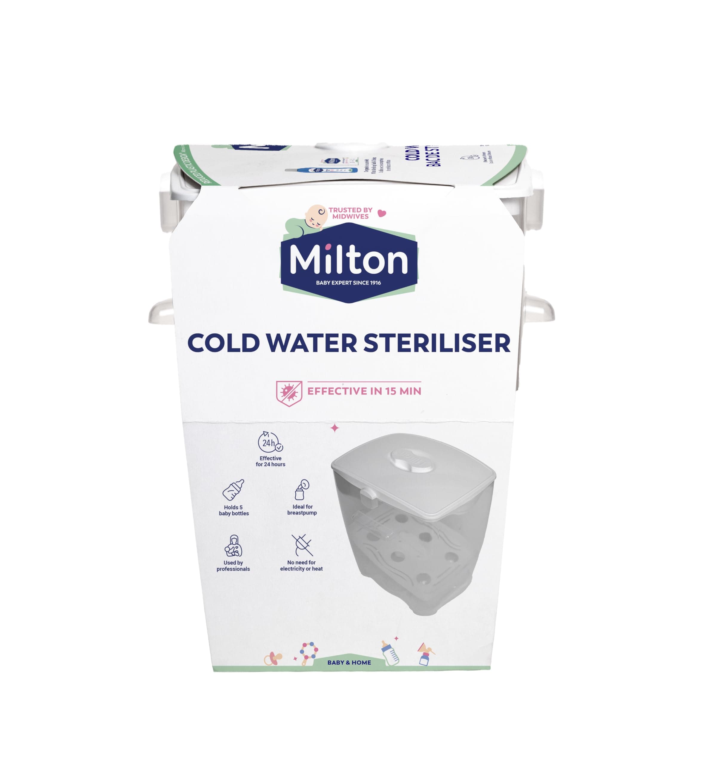Milton Cold Water Steriliser, Kills 99% of Germs, Sterilises in 15 Minutes, Fits up to 6 Standard Baby Bottles, Used by Healthcare Professionals, White