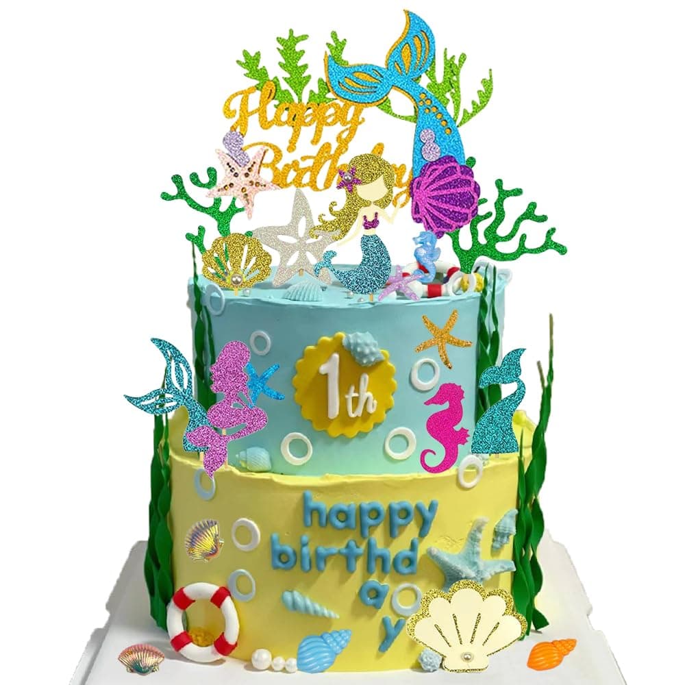 39 PCS Mermaid Cake Topper Glitter Mermaid Theme Birthday Cake Topper with Starfish Conch Seahorse Shell and Seaweed Cake Decorations