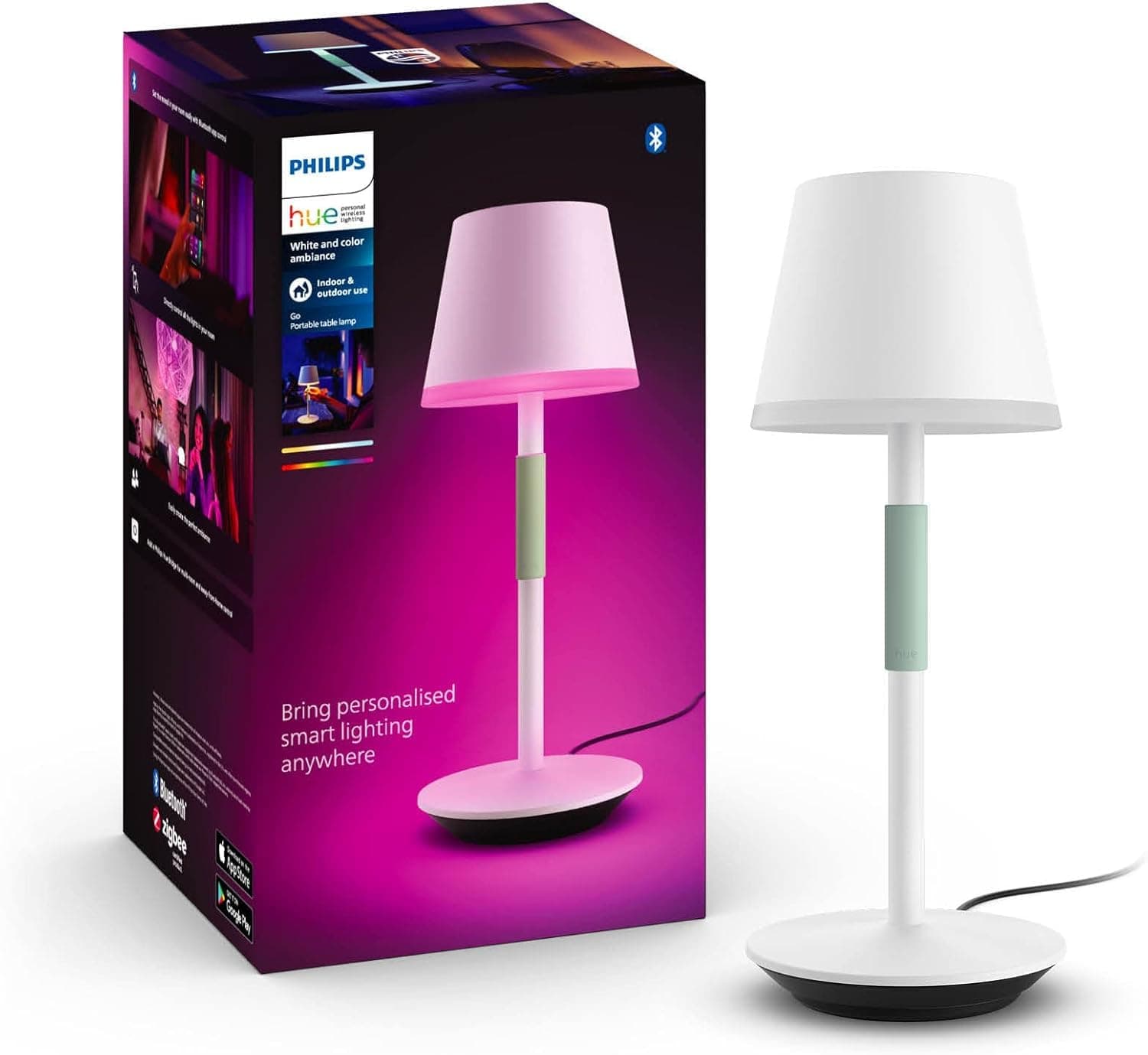 Philips Hue Go Smart Portable Table Lamp, White - White and Color Ambiance LED Color-Changing Light - 1 Pack - Indoor and Outdoor Use - Control with Hue App or Voice Assistant