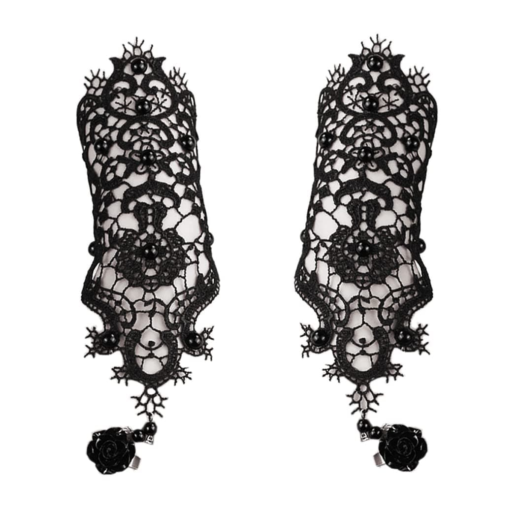 Black Lace Fingerless Gloves Women Gothic Floral Lace Steampunk Wristband Ring Imitation Pearl Handmade Lace Up Gloves Bridal Bracelet Ring Set - 1 Pair - S Size