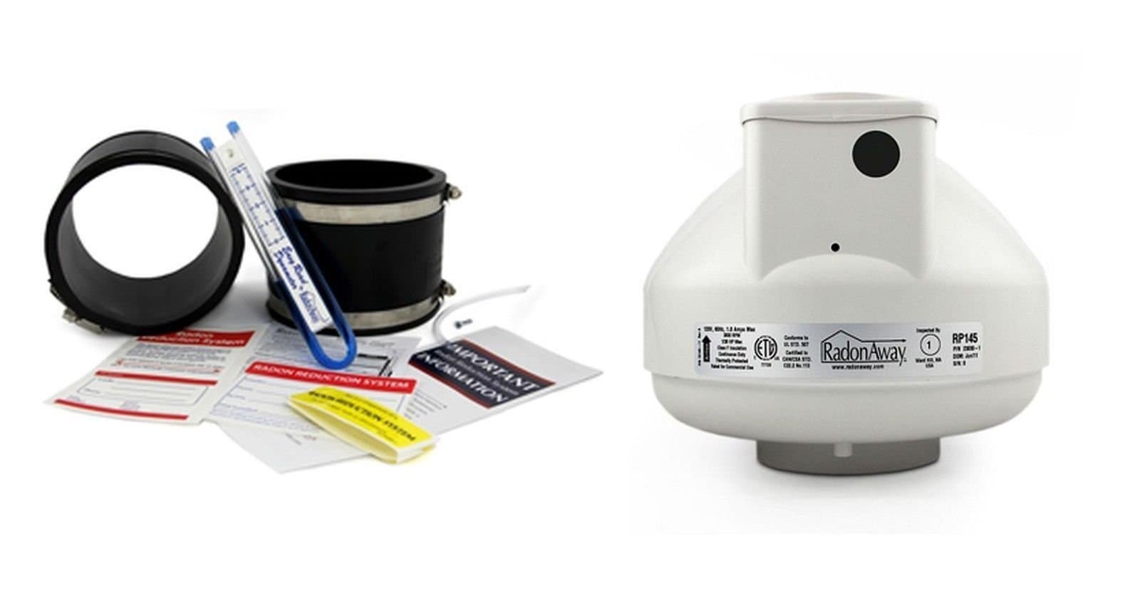 RadonAway RP145c Fan + Install Kit (Rubber couplings, Dynameter and Labels) (4x4, Black)