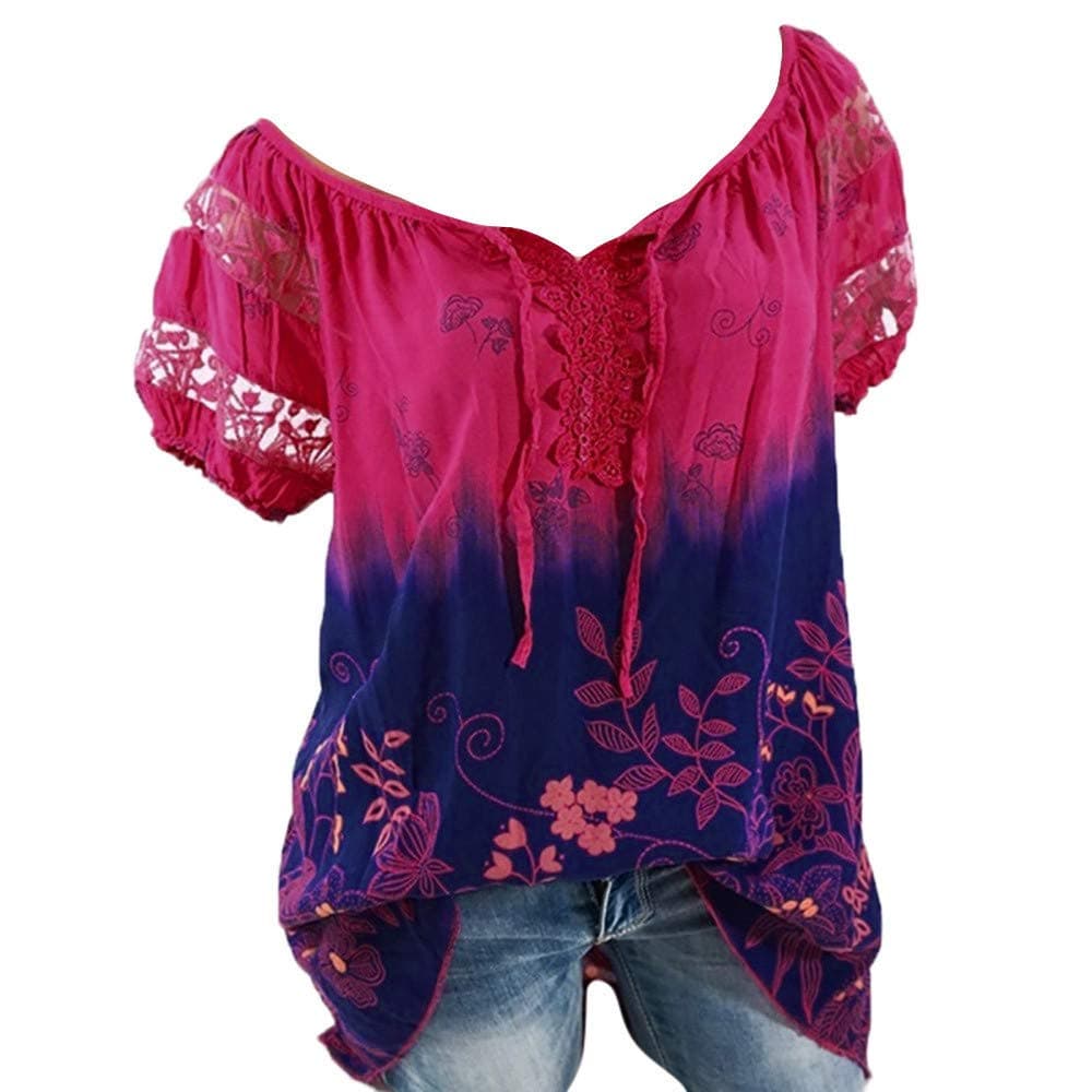 Womens Loose Plus Size Floral Print T-Shirt Tee S-5XL, Lace Ruffle Short Sleeve V-Neck Basic Top Tie Dye Ugly Shirt Blouse