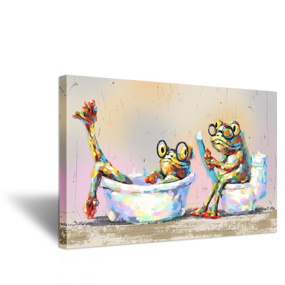 Funny Animals Canvas Print Wall Art Glass Frog Couple Take Bath And Read Newspaper Picture Painting Printed On Canavs Stretched And Framed For Bathroom Decor Ready To Hang 24"x36"