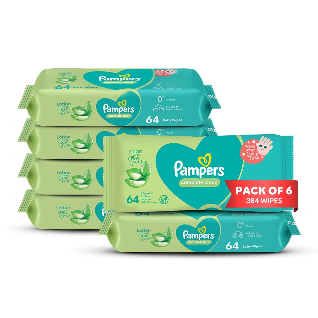 Pampers Complete Clean Baby Wipes with Aloe Vera Lotion for Hands & Face, 6 Packs, 384 Count