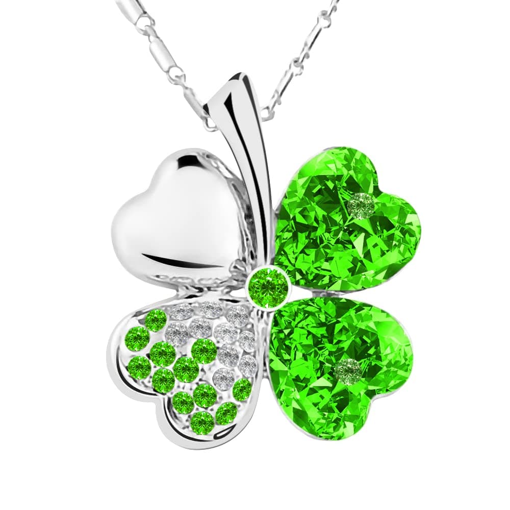 Lucky Love Four Leaf Clovers Necklace Crystals,Heart Crystal Pendant with Necklace