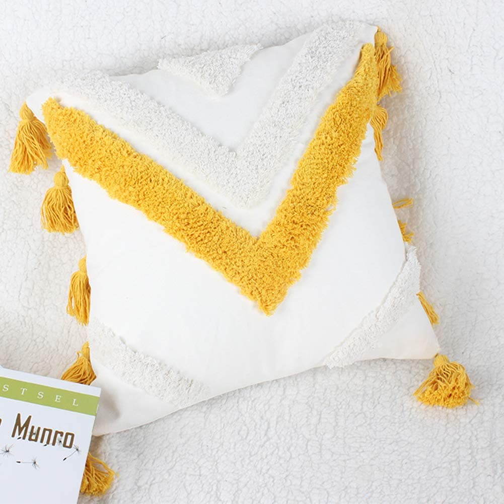 Boho Decorative Throw Pillow Cover | Square Yellow Tassels Morocco Tribal Pillow Case Beige Cushion Farmhouse Décor Sofa Couch Bedroom Living Room 18"x18", Hidden Zipper
