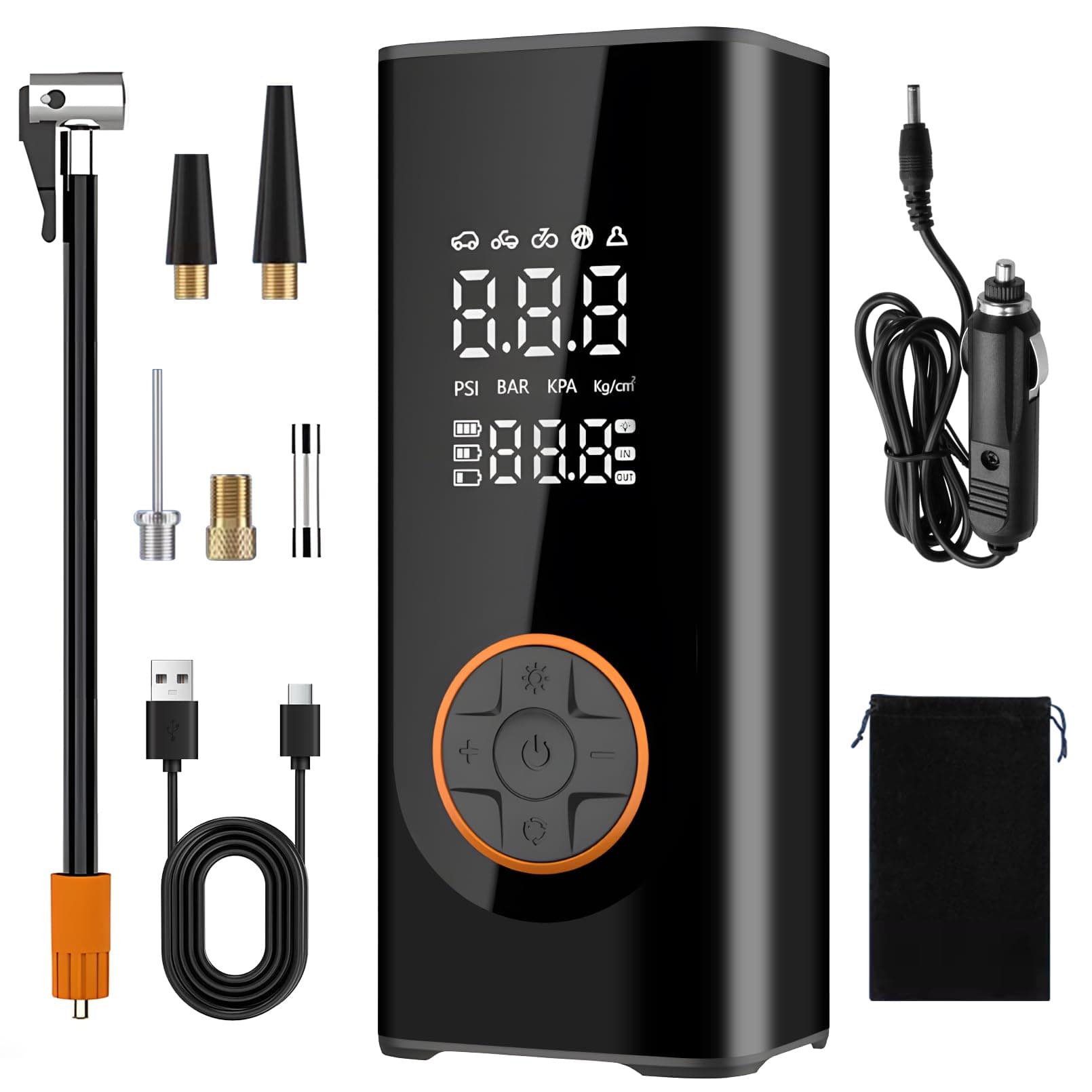 Corded/Cordless Dual Purpose Digital Tyre Inflator,Portable Air Compressor,Car Tyre Pump,Supports Preset Tyre Pressure and Auto Shutoff,with LED Lights for Car Tyres and Other Inflatable Devices