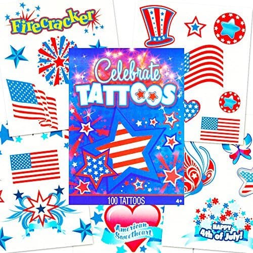 Patriotic American Flag Temporary Tattoos Set, MADE IN THE USA (Over 100 USA Tattoos, 4th of July Party Supplies)