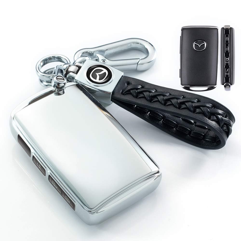 VERSAINSECT ey Fob Case Cover Protector with Leather Key Holder for 2019-2021 Mazda 3, Mazda 3 Hatchback, 2020-2021 Mazda CX-5, CX-30, CX-9 (3-4-Button, Silver)