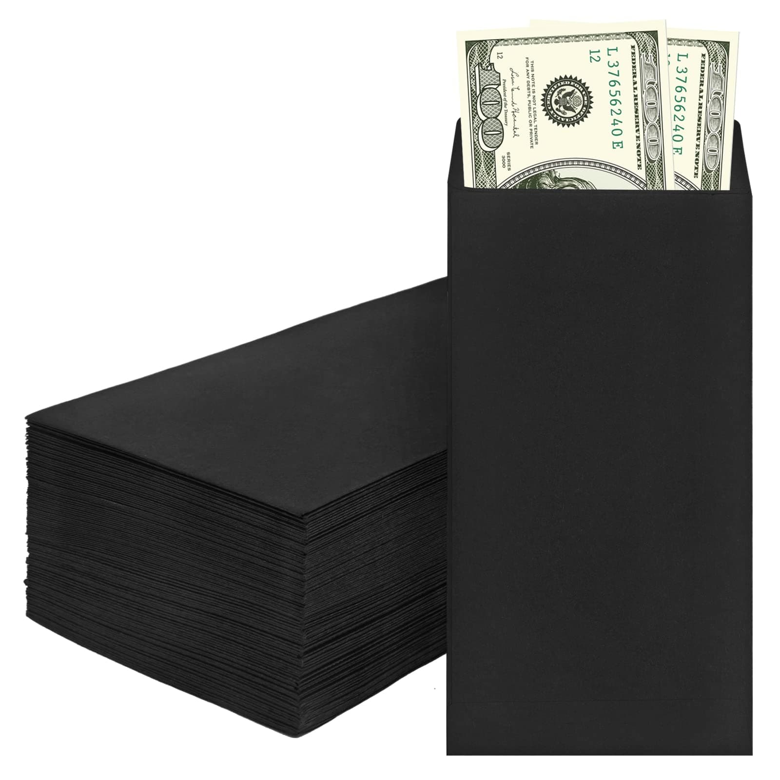 100 Pack Cash Envelopes for Budgeting, 6.7 x 3.5 Inch | Large Pack of Self-Adhesive Money Envelopes for Cash or Coins | Organization Envelopes for Checks, Jewelry, and Small Items(Black)