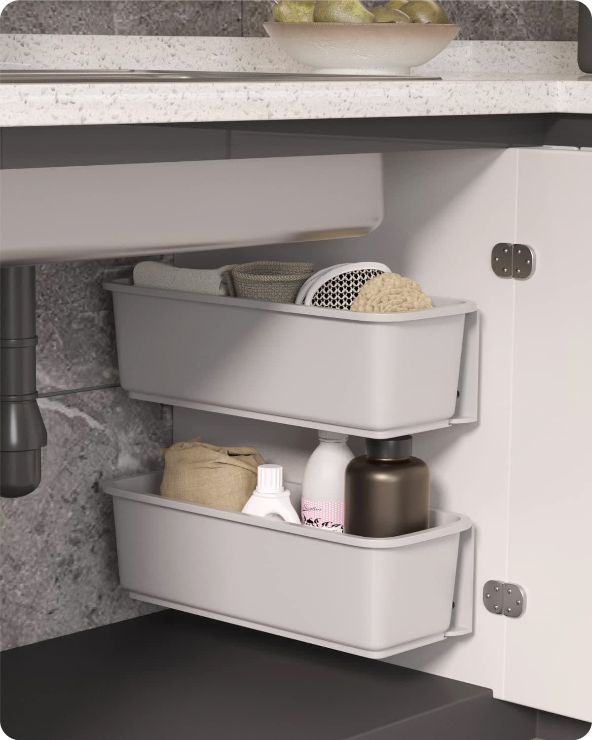 Baffect 2 Pcs Plastic Kitchen Cabinet Basket Organizer Under Sink Drawer Sliding Drawer for Undersink Bathroom Furniture (Grey)