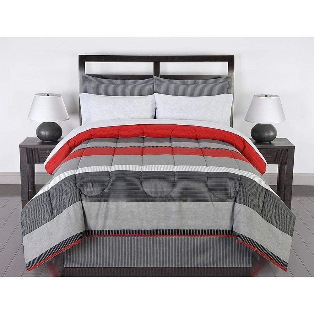 Black Gray Red Stripes Boys Teen Full Comforter Set (8 Piece Bed In A Bag) by Greyson