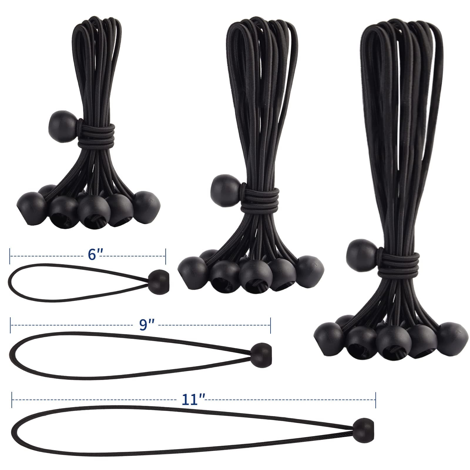 30PCS of 3 Sizes Ball Bungee Cords, 6, 9, 11 Inch Tarp Canopy Bungee Balls, Heavy Duty Tie Down Cord for Shelter, Gazebo, Camping, Tent, Cargo, Holding Wire and Hoses (Ball Size 1 inch)
