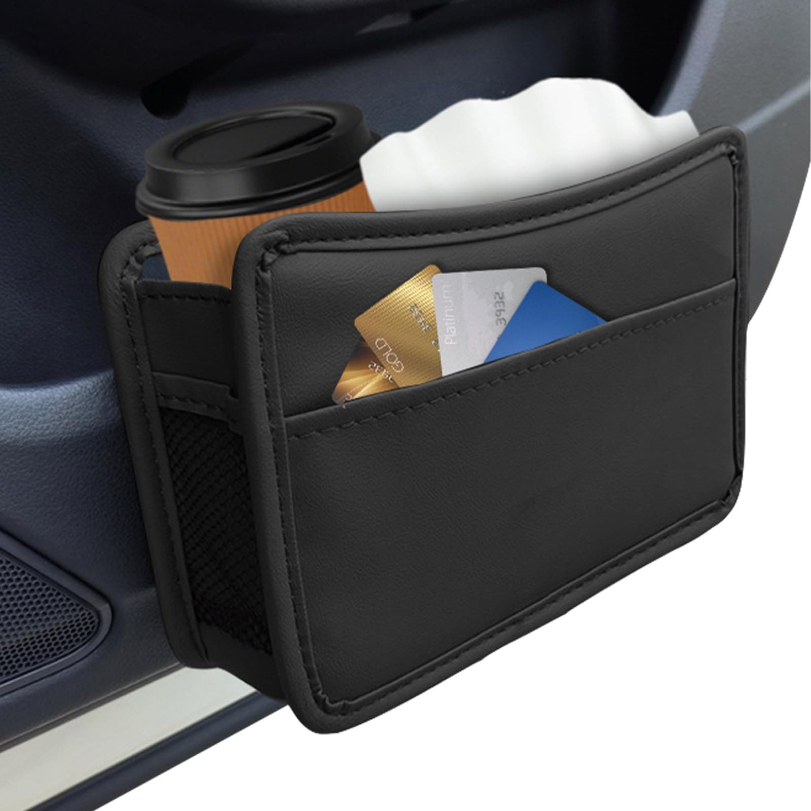 Car Trash Can, Black Universal Leather Collapsible Cars Dustbin Garbage Cans Organizer Holder with Mesh, Auto Hanging Storage Bag Container for Most Vehicles