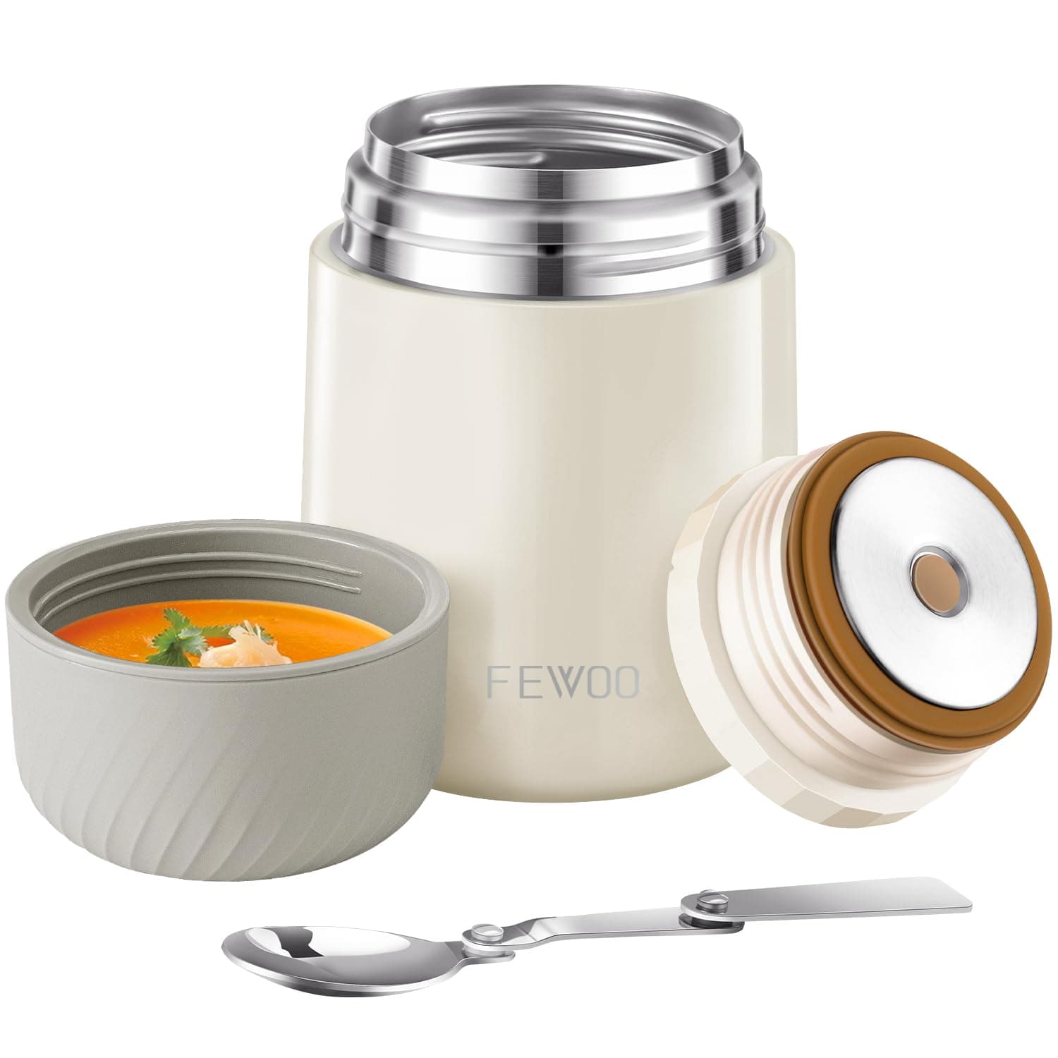 FEWOO Food Jar - 20oz Vacuum Insulated Soup Container, Stainless Steel Lunch Box for Kids Adult, with Folding Spoon for Hot or Cold Food (White)