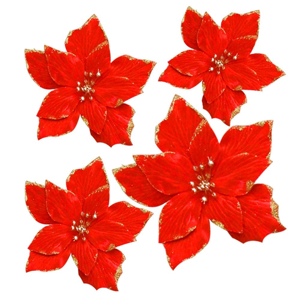 GuiHe 12Pcs Glitter Artificial Wedding Christmas Flowers Xmas Tree Decor Glitter Poinsettia Christmas Tree Ornaments Dia 7.8 Inch(Red)