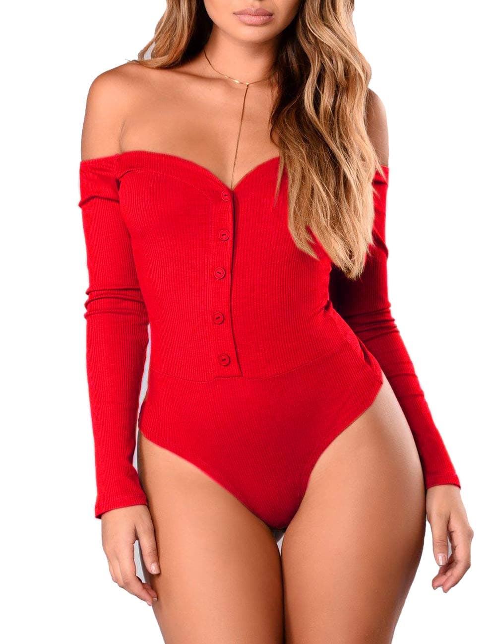 VESTIDOS Womens Love Bodysuit Cute Off Shoulder Long Sleeve Bodysuit Button Up Leotard Jumpsuits Dark Green M