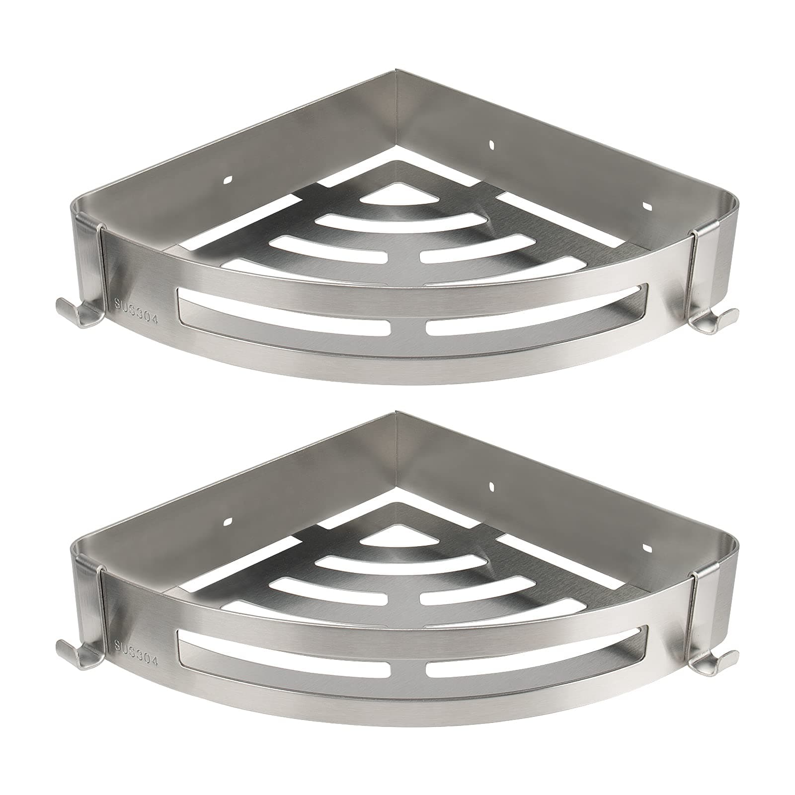 NearMoon Bathroom Corner Shelf Shower Caddy 2 Pack, No Drill, 304 Stainless Steel, with Two Hooks (Brushed Nickel)