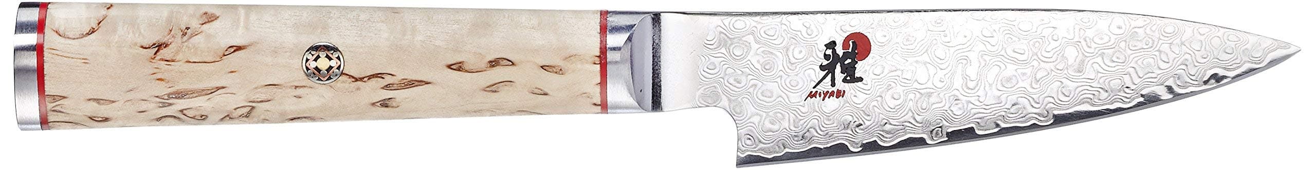 Miyabi 5000MCD Shotoh 9cm. G2 micro-carbide powder steel. Japanese blade. Hand-honed. ice-hardened to Rockwell 63. 101-layer flower Damascus design. Birch handle. Made in Japan