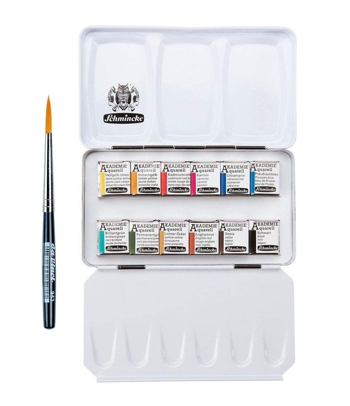 Schmincke : Akademie Watercolour Paint : Set of 12 Half Pans with 1 Davinci Brush Trip