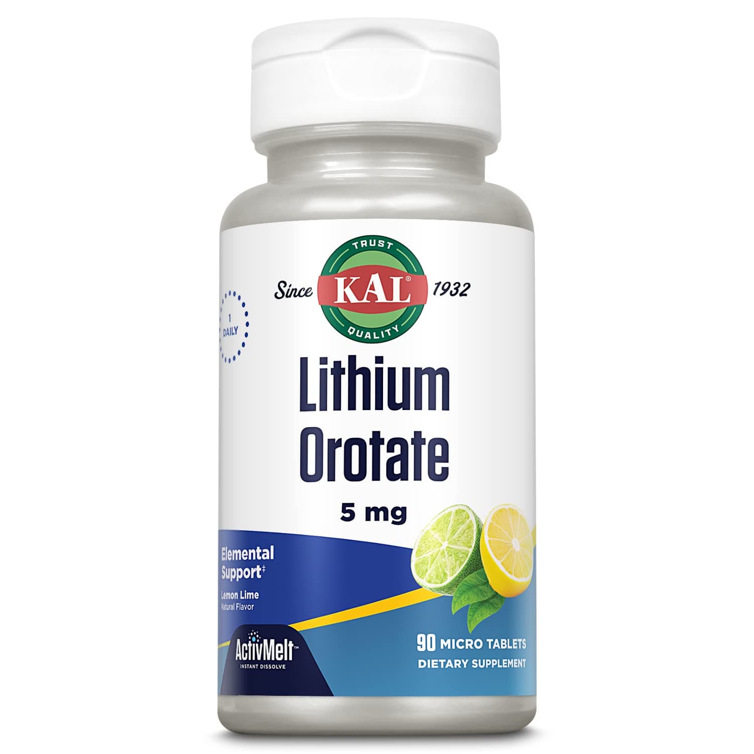 KAL Lithium Orotate ActivMelt 5mg | Low Serving of Chelated Lithium Orotate for Bioavailability & Balanced Mood Support | Lemon Lime | 90 Lozenges