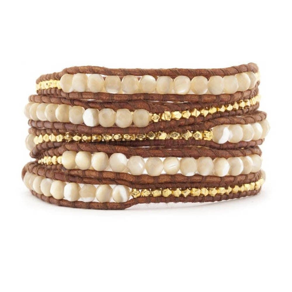 Lin Suu Jewelry Brown Leather Wrap Bracelet Graduated Pearlescent Goldtone Beads 34 inches 5 Wraps
