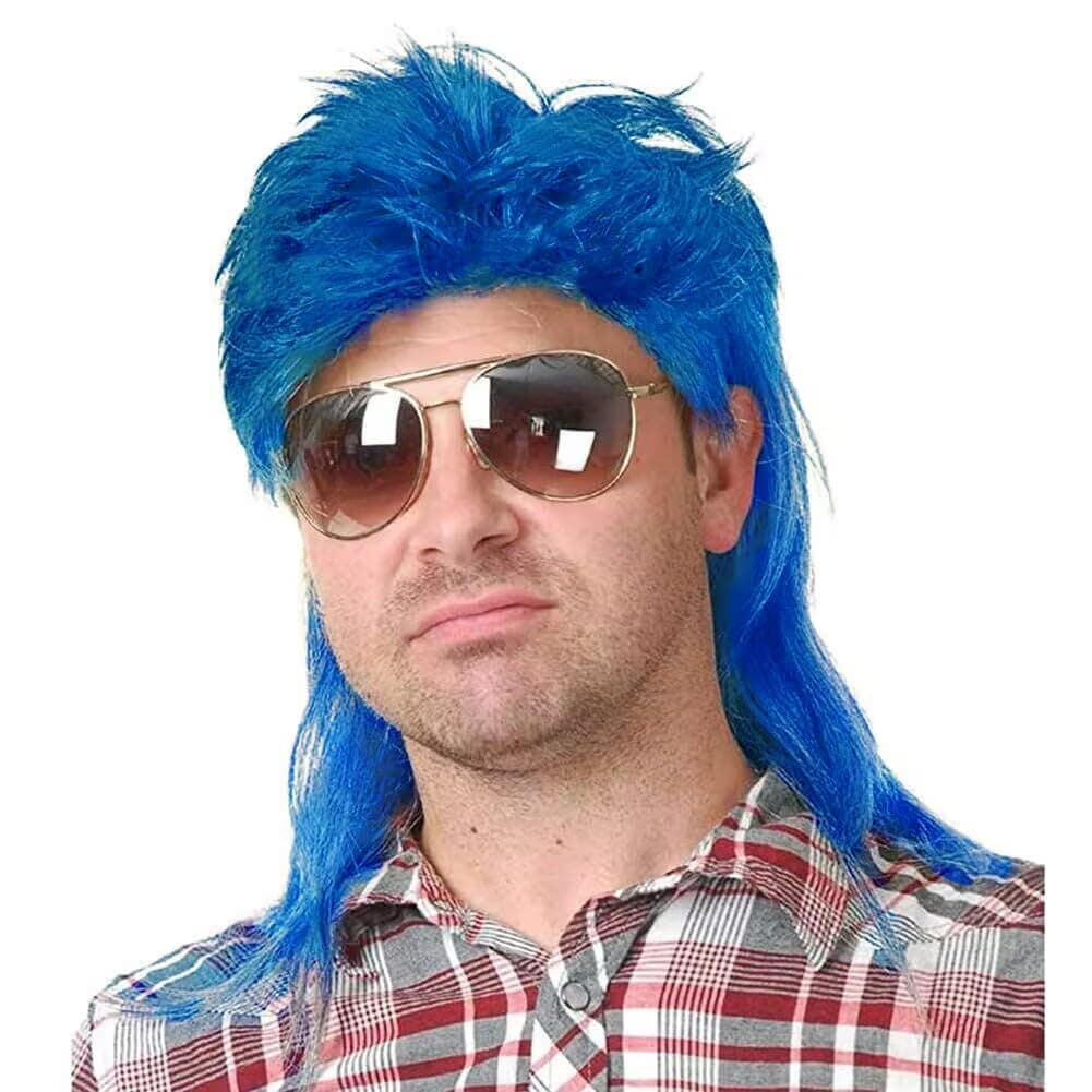 Kaneles Blue Mullet Wigs for Men 70s 80s Costumes Mens Fancy Party Accessory Cosplay Hair Male Wig