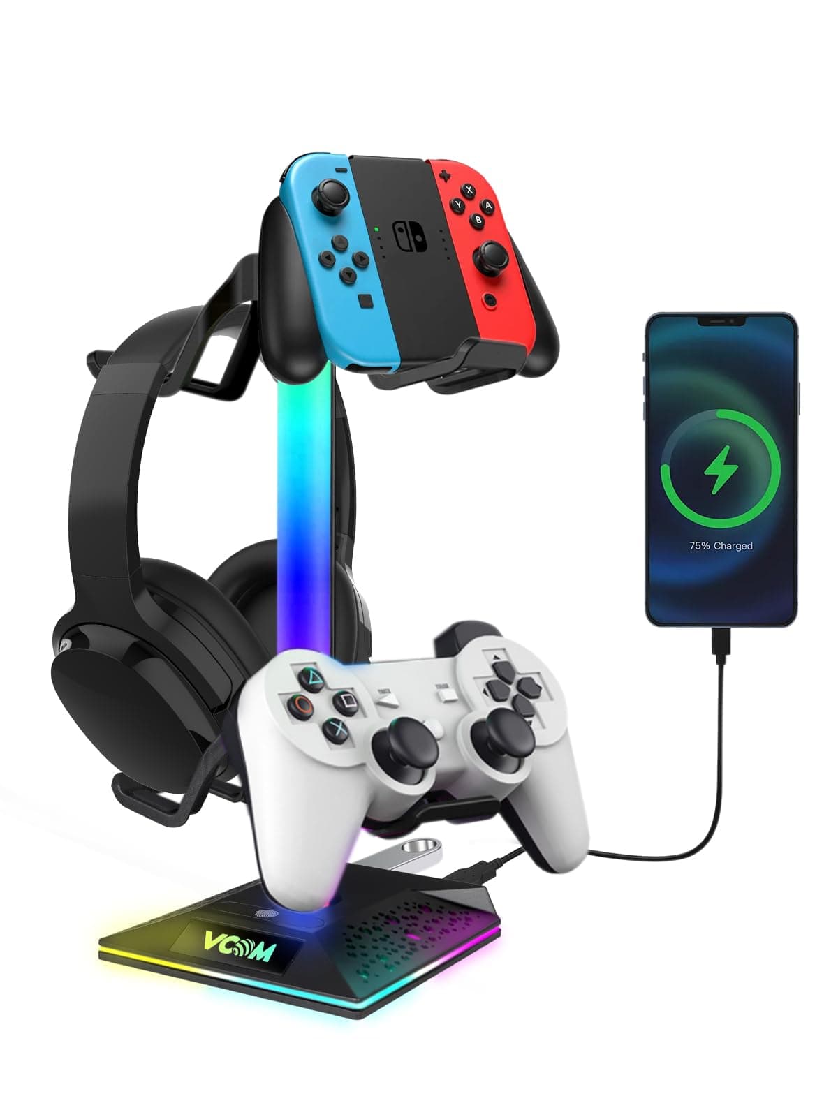 RGB Gaming Headphones Stand with 2 USB Ports Headset Stand with 10 Light Modes and Non-Slip Rubber, Suitable for All Earphone Accessories, Best Gift for Husband, Kids, Boyfriend
