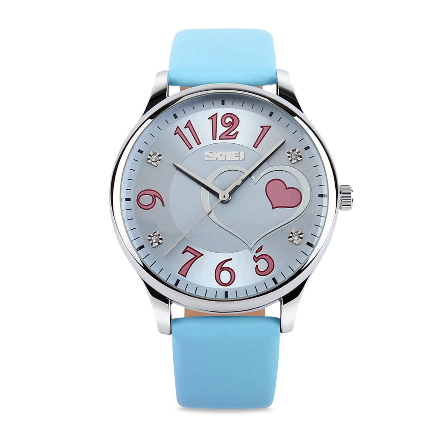 IJAHWRSGirls Analog Watch, Fashion Lady Quartz Wrist Watch Leather Band Big Face Fun Cute Watches with Lovely Heart Shape Waterproof - Blue